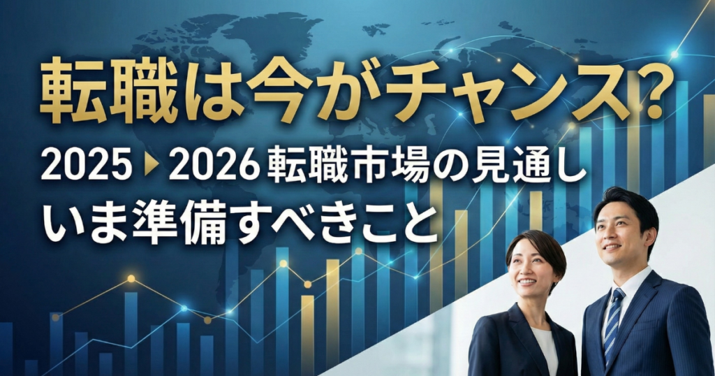 2025年から2026年の外資系転職市場の見通しを表すグラフと30代向けビジネスイメージ